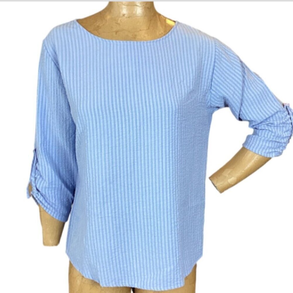 Woolrich Searsucker‎ Ruched Sleeve Top Blue Sz S #85F